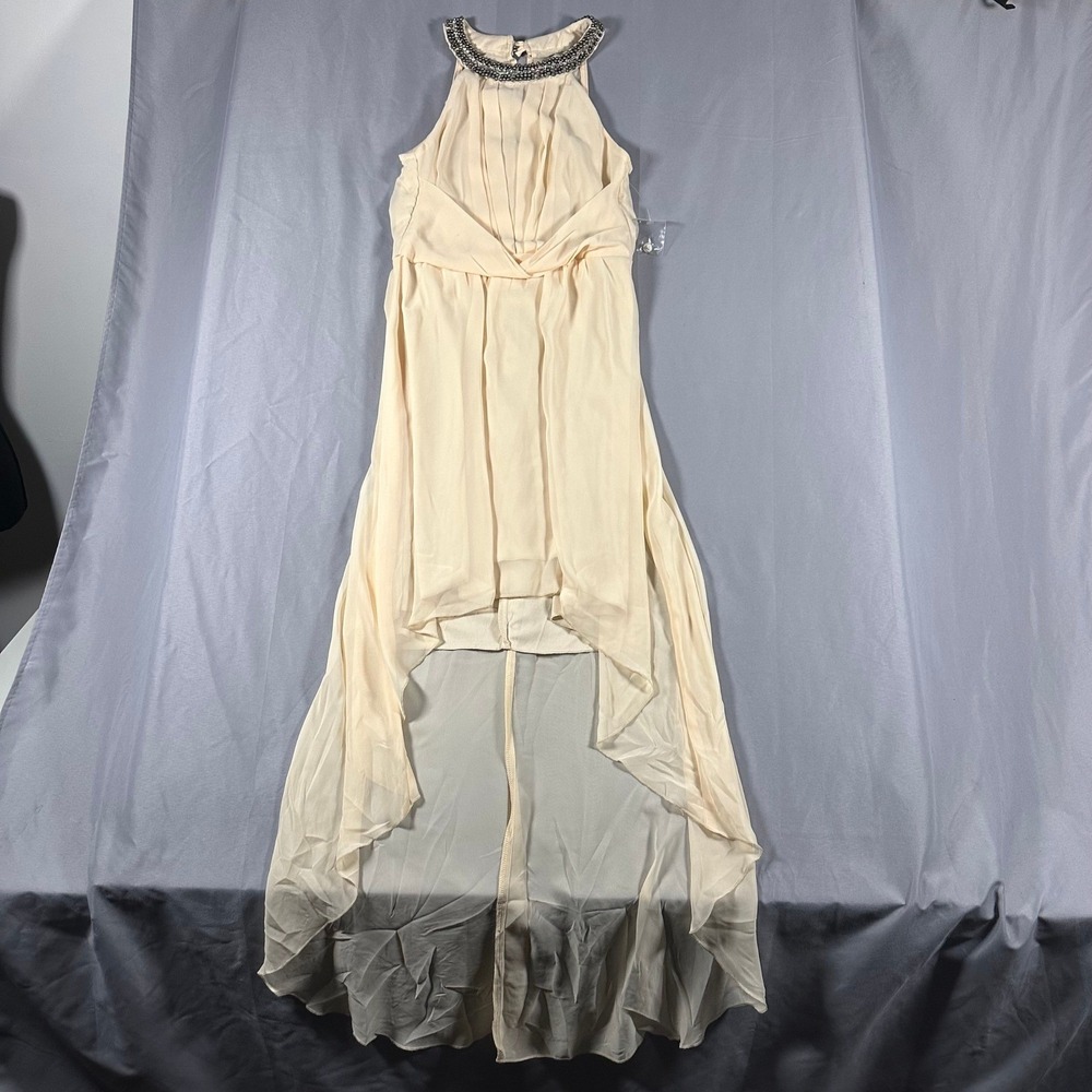 B. Darlin Halter Neck Size Juniors 5/6 High Low Dress Cream Beaded Cocktail